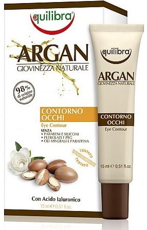 Argan-Augencreme von EQUILIBRA in 15ml Glasbehälter, zeigt die Verpackung und Textur der Pflegecreme gegen Augenschwellungen