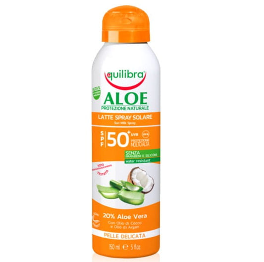 Aloe Vera Sonnenmilch LSF 50 von EQUILIBRA, flüssige Sonnencreme in einer weißen Tube mit grünem Aloe Vera-Design.