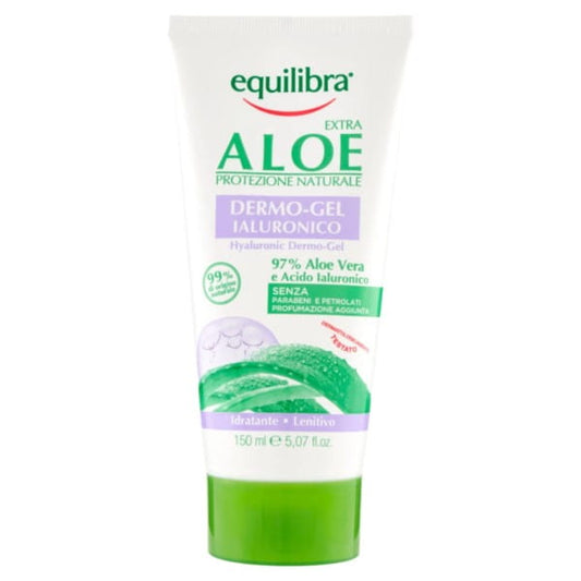 Aloe Dermo-Gel von EQUILIBRA mit Hyaluronsäure, glattes Gel in einer weißen Tube, ideal für die Hautpflege.