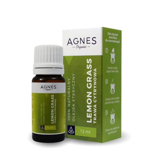 Ätherisches Zitronengrasöl von AGNES ORGANIC in einer 12 ml Flasche, zeigt das klare, gelbliche Öl in einem dunklen Fläschchen