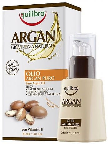 Arganöl 100 % mit Vitamin E von EQUILIBRA, 30 ml Flasche, zeigt das Öl in einer transparenten Pipettenflasche.
