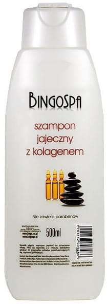 Ei-Shampoo mit Kollagen von BINGO SPA, 500 ml Flasche, zeigt das Produkt in einer weißen Flasche mit blauer Kappe