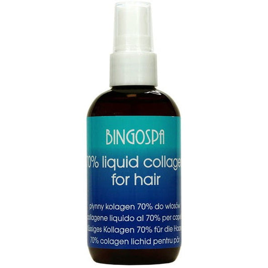 Flüssiges Kollagen 70% von BingoSpa für Gesicht und Körperhaare, cremige Textur in einer weißen Flasche.