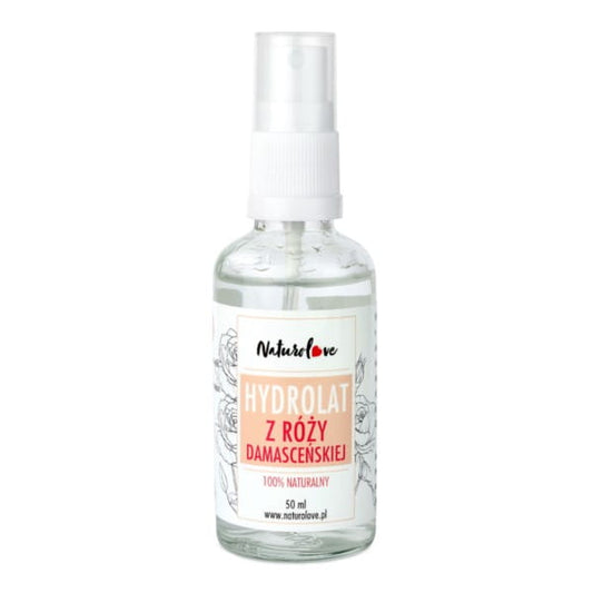 Damaszener Rosen-Hydrolat in 50 ml Flasche von NATUROLOVE, klar und frisch, zeigt die Flasche vor einem weißen Hintergrund.