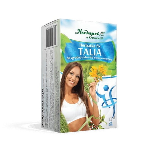 Fixer Taillentee von HERBAPOL KRAKÓW, für eine wohlgeformte Figur, zeigt die Verpackung und den Teebeutel auf der Abbildung.