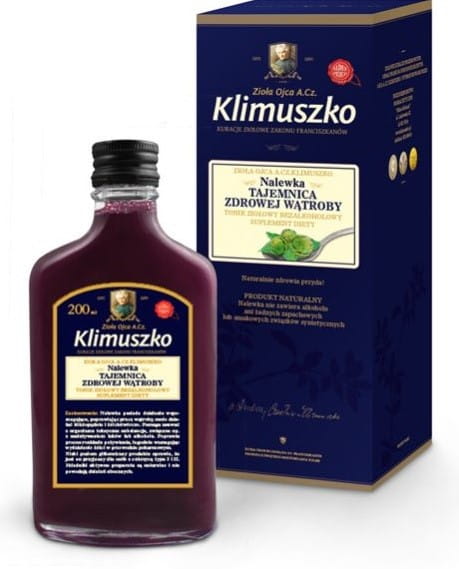 Flasche mit 200ml Tinktur zur Unterstützung der Leberfunktion, von ZIOŁA OJCA KLIMUSZKO, auf weißem Hintergrund.