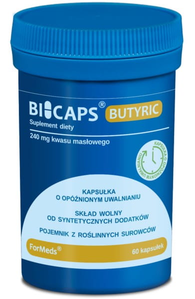 Bicaps Buttersäure 60 Kapseln von FORMEDS, säurearm, in einer offenen Packung mit Kapseln sichtbar