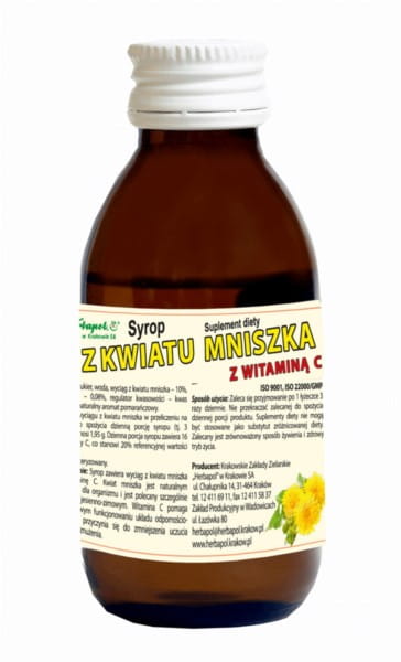 Löwenzahnblütensirup mit Vitamin C in 100 ml Flasche, HERBAPOL Kraków, zeigt eine Flasche mit Löwenzahnblüten und Vitamin C.