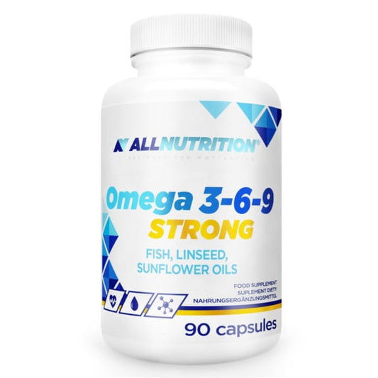 Hochwertige ALLNUTRITION Omega 3-6-9 Kapseln, 90 Stück, gesunde Fettsäuren in einer transparenten Flasche.