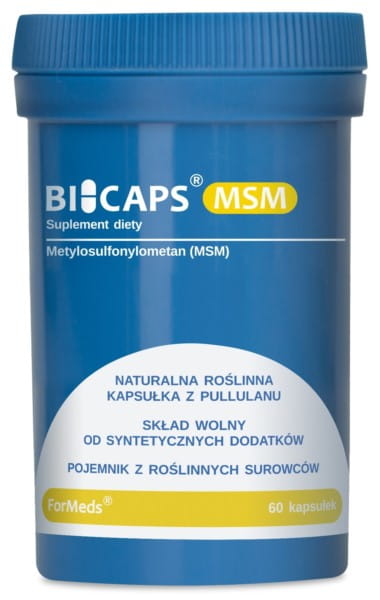 BICAPS MSM 60 Kapseln für Knochen, Gelenke und Muskeln, von FORMEDS, zeigt die Verpackung und Kapseln auf weißem Hintergrund