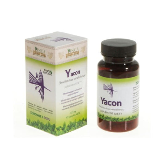 Yacon 90 Kapseln von INCAphARMA, natürliche Unterstützung für die Verdauung, in einer weißen Verpackung.