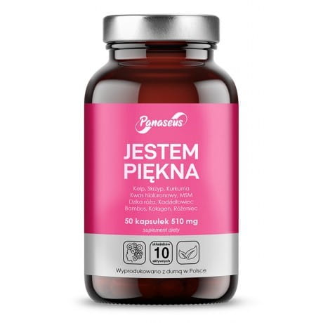 Yango PANASEUS Ich bin schön Nahrungsergänzungsmittel in 50 Kapseln, zeigt die Packung und Kapseln für Frauen.