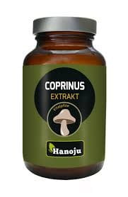 HANOJU Coprinus-Extrakt 400 MG in 90 Kapseln, sichtbare Verpackung und Kapseln auf weißem Hintergrund