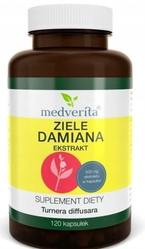 Damiana-Kraut in 120 Kapseln von MEDVERITA, zeigt die Verpackung mit blauen Kapseln und medizinischer Beschriftung