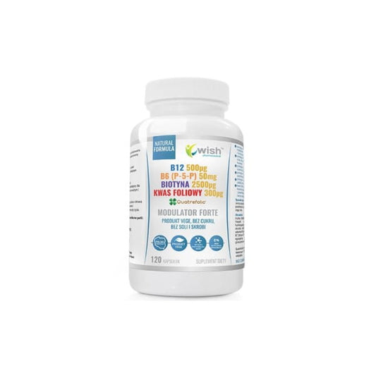 WISH FORTE B12 B6 Modulator mit Biotin und Folsäure, Nahrungsergänzungsmittel in Tablettenform, Nahaufnahme der Verpackung