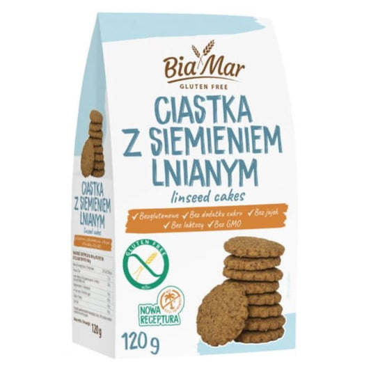 Biamar-Kekse mit Leinsamen von LOOK FOOD, 120 g, knusprige Kekse mit Leinsamen, auf weißem Hintergrund fotografiert