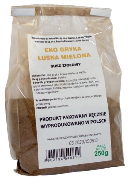 Gemahlene Buchweizenschalen EKO von NATURA WITA, 250g, biologisch angebaut, in einer transparenten Verpackung sichtbar.