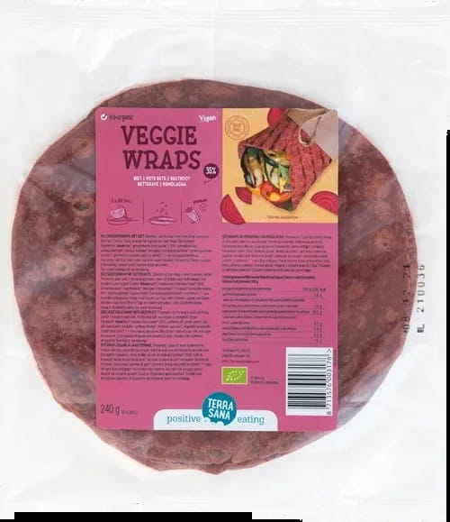 Bio Rote Bete Wraps von TERRASANA, 6 Stück à 40 g, frisch und rot gefärbte vegetarische Wraps auf dem Bild.