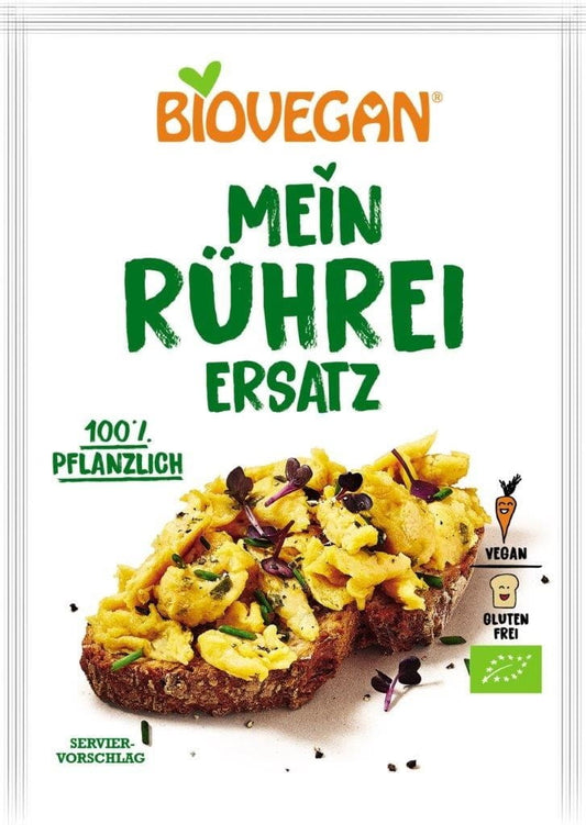Veganer glutenfreier Rühreipulver-Ersatz von BIOVEGAN, Bio-Qualität, 50 g, in einer transparenten Verpackung.