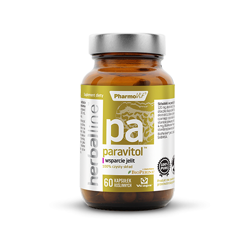 Glutenfreie Darmunterstützungskapseln Paravit von PHARMOVIT, 60 Stück, für eine gesunde Verdauung, in einer Packung.