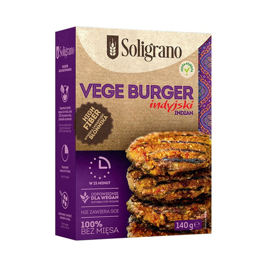 Indischer Gemüseburger von SOLIGRANO, 140 g, mit buntem Gemüse und Gewürzen, auf weißem Hintergrund.