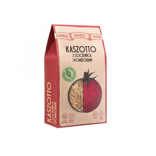 Kaszotto mit Linsen und Tomaten von Sys, 200 g, in einer Schüssel mit gekochtem Kaszotto und frischen Tomatenstücken.