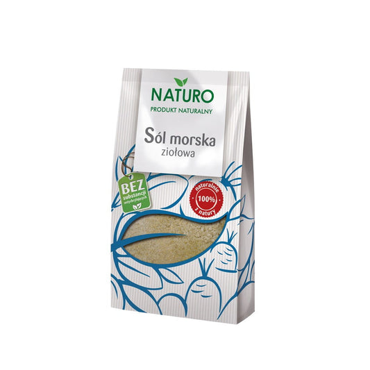 Meereskräutersalz von PolBioEco, 250 g, mit frischen Kräutern, in einer transparenten Verpackung.