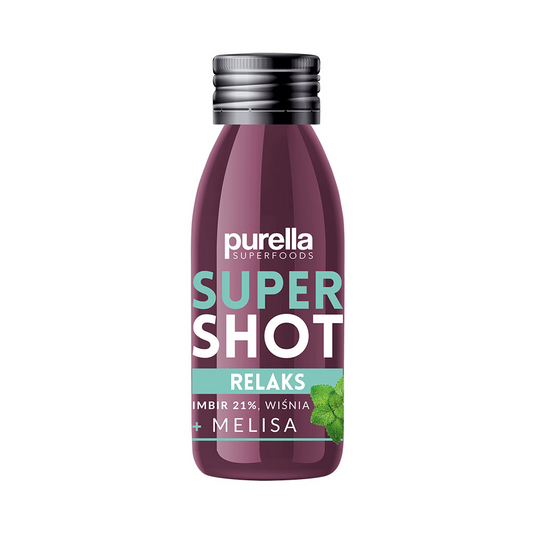Supershot Relax Ingwer Kirsche und Zitronenmelisse Flasche von Purella Food, 100 ml, mit Zutaten und Produktgestaltung sichtbar