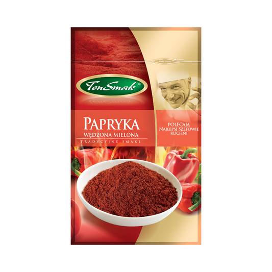 Geräucherte süße Paprika von Ten Smak, 15 g, mit roter, getrockneter Paprikafarbe und aromatischem Geschmack.