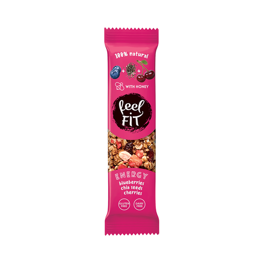 Heidelbeerriegel mit Chiasamen und Kirschen von Feel FIT, 35 g, Nahaufnahme des Riegels mit Heidelbeeren, Chiasamen und Kirschen.