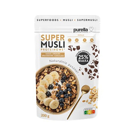 Super Müsli Protein von Purella Food in 200 g Packung, zeigt die Mischung aus Nüssen, Haferflocken und getrockneten Früchten.