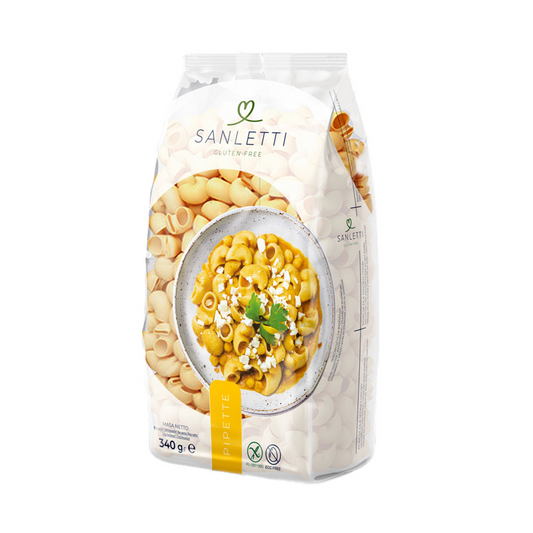 Glutenfreie Pipettennudeln von SANLETTI, 340 g, GFS Poland, in einer Schüssel mit gekochten Nudeln und frischen Zutaten.