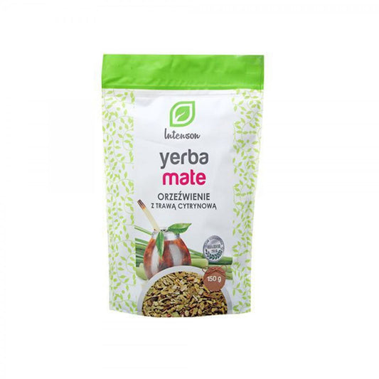 Yerba Mate Erfrischung mit Zitronengras, 150 g, von Intenson, zeigt eine offene Packung mit getrockneten Yerba Mate Blättern und Zitronengras.