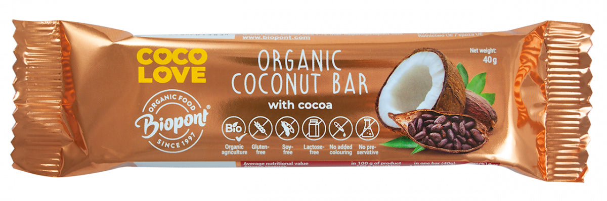 Vente barre coco au cacao sans gluten BIO 40 g - BIO PONT