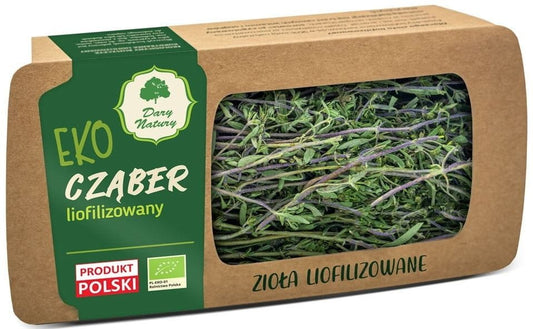 Glutenfreies, gefriergetrocknetes Bohnenkraut BIO von DARY NATURY, 10 g, frischer Blick auf die getrockneten Kräuter.
