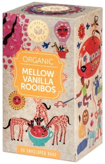 Bio Vanille Rooibos Tee von Ministry of Tea, 20 Teebeutel mit Vanillegeschmack und rotem Rooibos, in Packung.