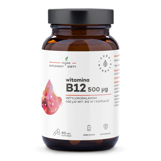 Vitamin B12 1000 µg Methylcobalamin Kapseln von Aura Herbals, 90 Stück, flasche mit Kapseln sichtbar