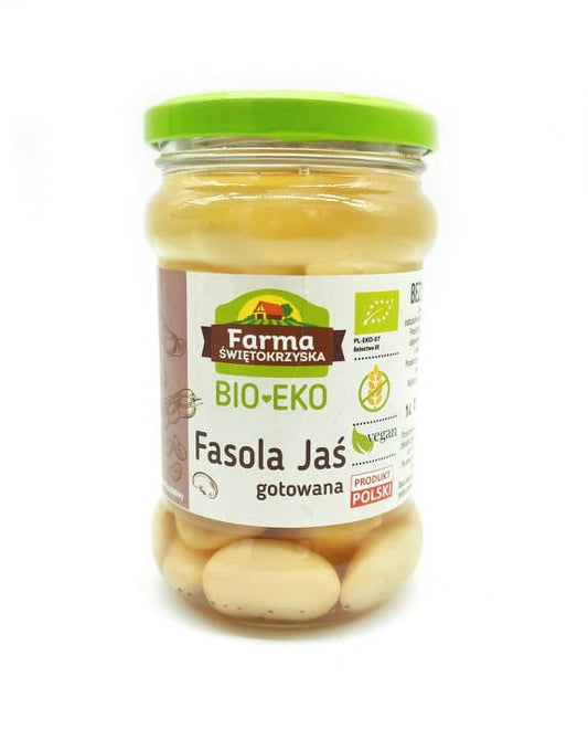 Bio glutenfreie Jasm Bohnen in Glas von Farma Świętokrzyska, 300 g, sichtbare Bohnen und Glas.