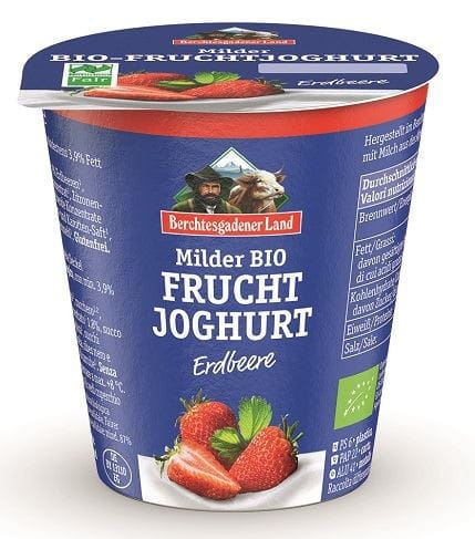 Bio Erdbeer-Joghurt mit 3,9 % Fett in Milch, glutenfrei, in 150 g Becher, von BERCHTESGADENER LAND, mit frischen Erdbeeren.