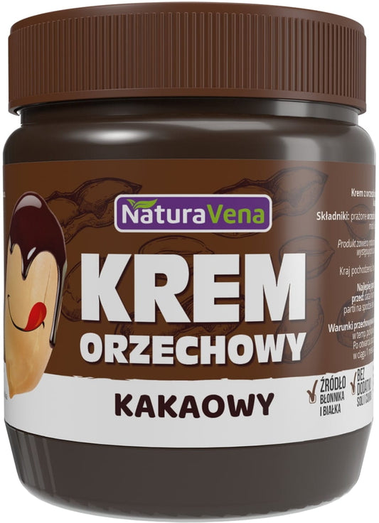 Kakao-Nuss-Creme von NaturaVena in 340 g Glas, cremige Nuss-Schokoladencreme mit Kakaogeschmack und Nussstücken.