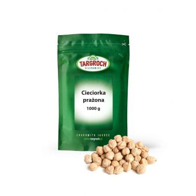 Geröstete Kichererbsen in 500g-Packung von TAR-GROCH-FIL, knusprig und goldbraun, sichtbar in der Verpackung.