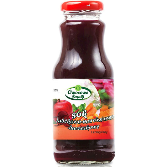Bio Apfel-, Karotten- und Rübensaft von OWOCOWE SMAKI in 250 ml Flasche, frisch und naturbelassen.