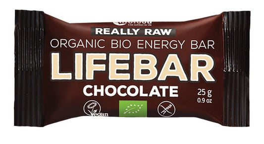 Roher glutenfreier Schokoriegel BIO von LIFEFOOD, 25 g, mit schokoladigem Geschmack und natürlichen Zutaten.