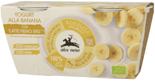 Bananenjoghurt BIO von ALCE NERO, 2 x 125 g Becher mit cremigem Bananengeschmack und Bio-Zertifizierung.