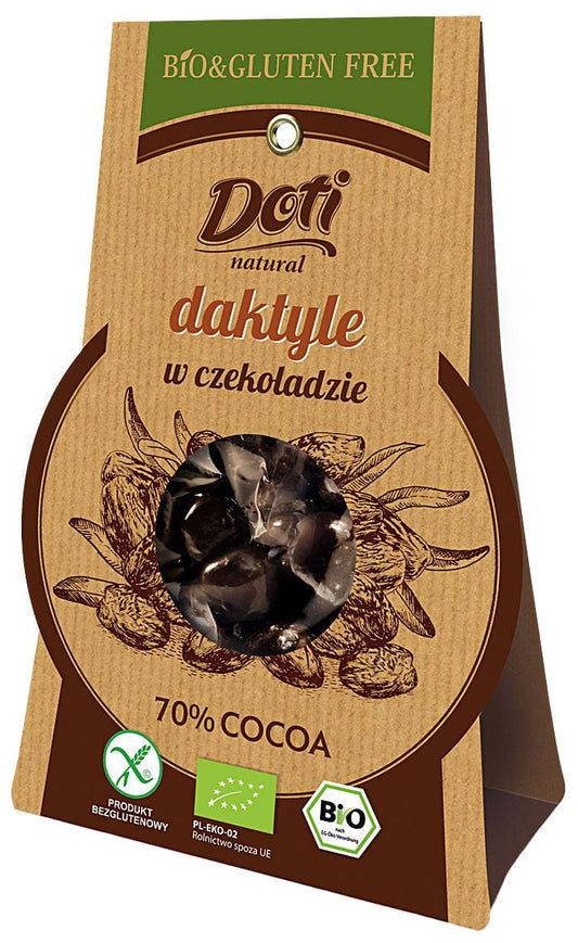Zartbitterschokolade mit Bio-Datteln, glutenfrei, 70 g, DOTI, glänzende Schokoladenschicht um die Datteln