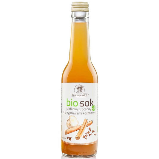 Bio Apfelsaft mit Gewürzen von REMBOWSCY in 275 ml Flasche, zeigt die Flasche mit aromatischem Fruchtsaft und Gewürzbestandteilen.