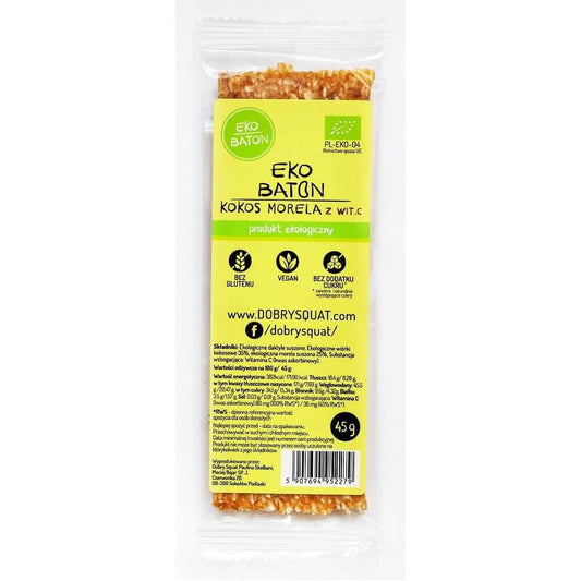 Bio Aprikosen-Kokos-Riegel von DOBRY SQUAT mit Vitamin C, 45g, natürliche Frucht- und Kokosgeschmack.