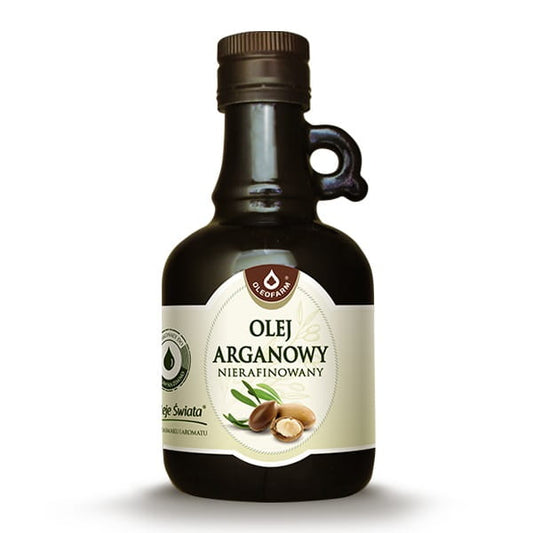 Unraffiniertes Arganöl von OLEOFARM in 250ml Flasche, flüssiges, goldfarbenes Öl in dunkler Glasflasche