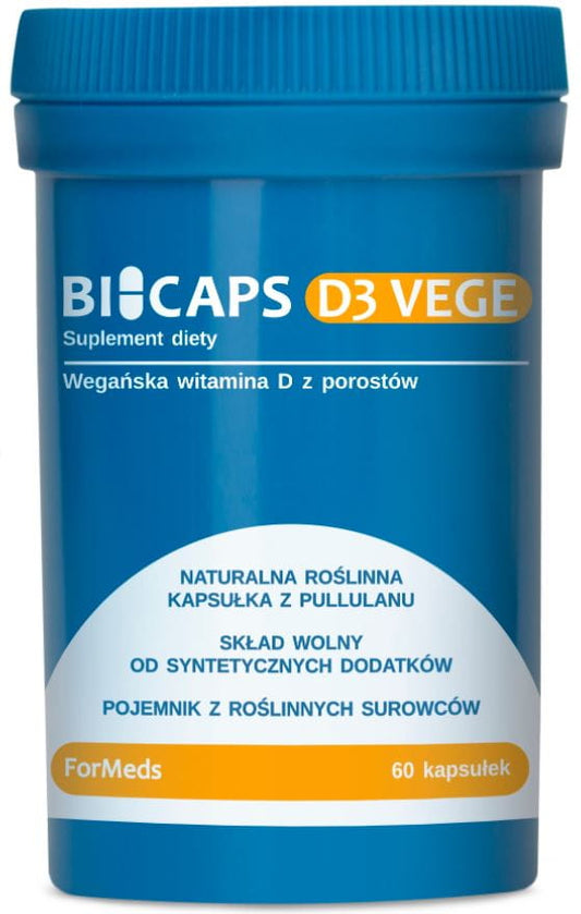 BICAPS Vitamin D3 Gemüse Kapseln von FORMEDS, 60 vegetarische Kapseln, sichtbare Verpackung und Kapsel im Bild