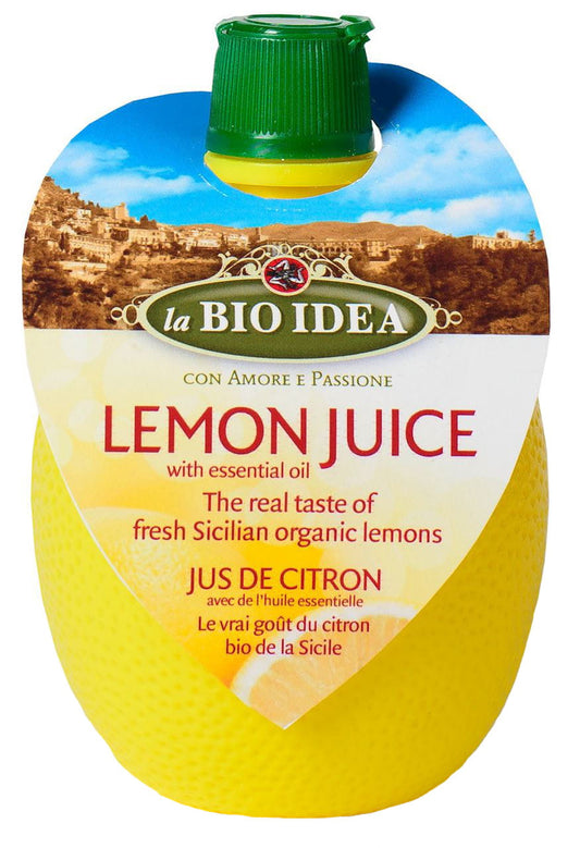Bio Zitronensaft mit Zitronenöl von LA BIO IDEA in 200 ml Flasche, zeigt frische Zitronen und das Flaschendesign.